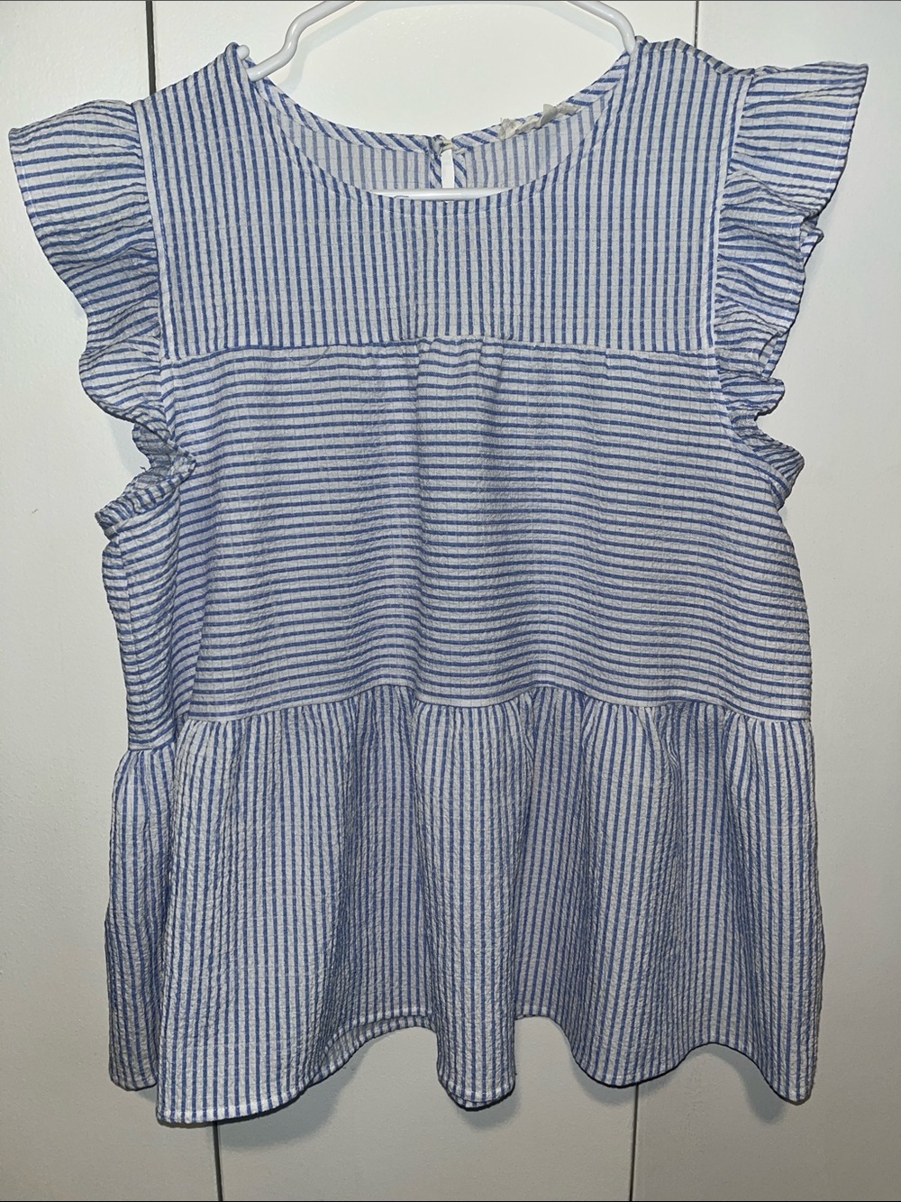 Blue and White Striped Ruffle Sleeve Peplum Top